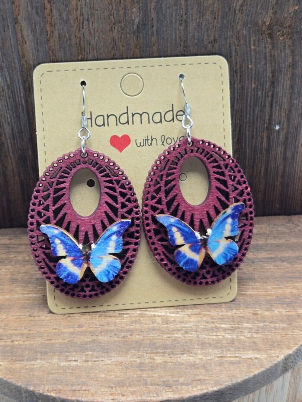 NWT Wood Filigree Butterfly Earrings Pierced Silver Tone Cottagecore Dangle Drop